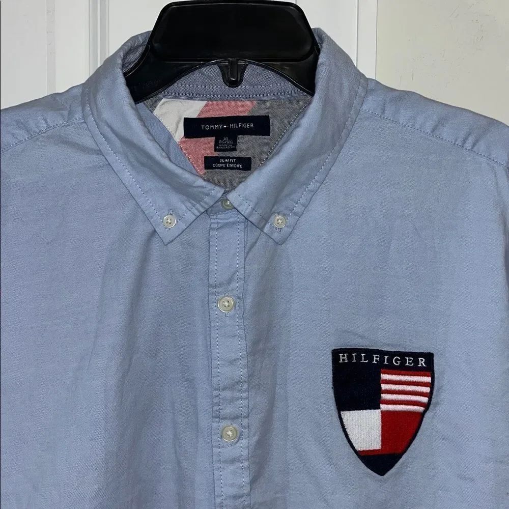 Tommy Hilfiger Chambray vintage style Sewn Crest Shield SS TH Shirt XL Slim